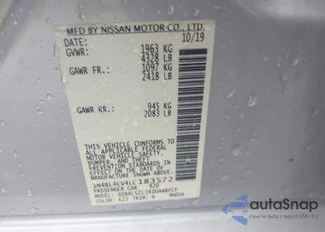 2020 Nissan Altima Sr Fwd из США, поврежденный, VIN 1N4BL4CV4LC183572